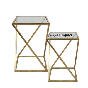 Ensemble de 2 tables d'appoint nordique en fer forgé couleur or dessus en marbre pour l'extérieur et la chambre appartement maison bureau - Product Image 2