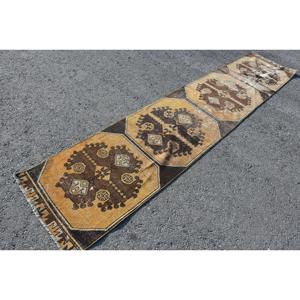 Turkish Vintage Rug, 2.2x11.3 ft Runner Rug, <b>Brown</b> Yellow Moroccan <b>Wool</b> Rug - Product Image 2