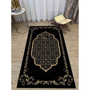 <b>Gold</b> & Black Islamic Prayer Rug: Elegant Muslim Home Decor,With Pile Soft Rug - Product Image 5