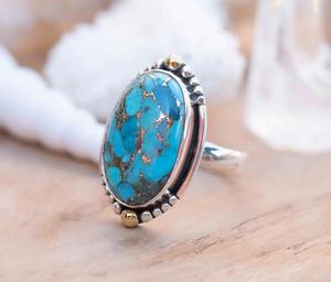 แหวนเงินสเตอร์ลิง925สไตล์คลาสสิกสีฟ้าทองแดงเทอร์ควอยซ์เครื่องประดับอัญมณีทำด้วยมือสำหรับงานแต่งงานการหมั้น - Product Image 3