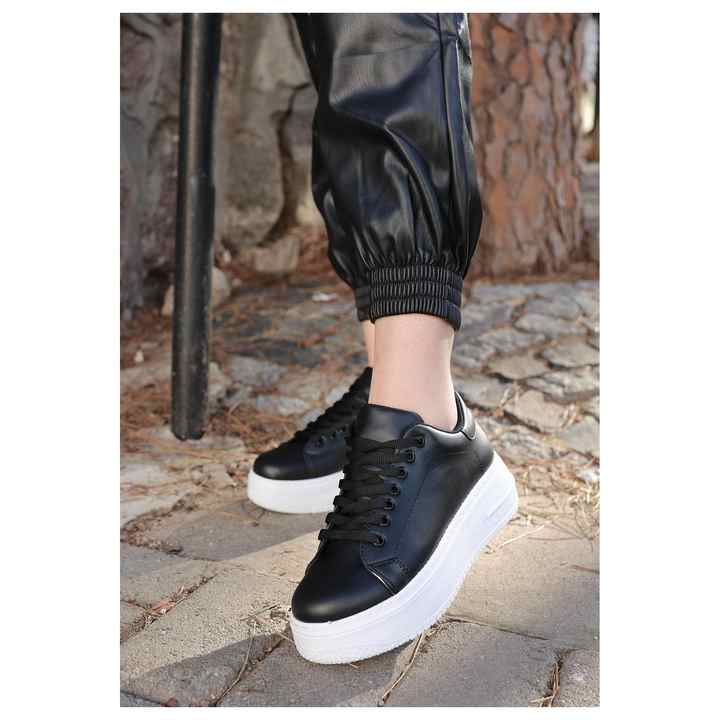Leran Black Skin White Sole Lace up Sports Shoes