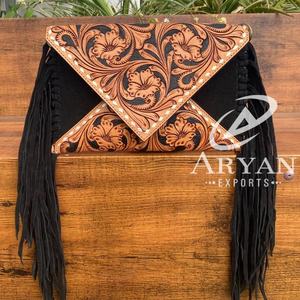 Wholesale Hand Tooled <b>Suede</b> Leather Crossbody Fringe Envelope <b>Bags</b> Western Genuine Leather Floral Carved Bohemian Shoulder Purse - Product Image 1