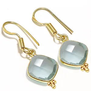925 Sterling Silver Cushion Aquamarine Gemstone Fancy Bezel Drop Dangle Gold Vermeil Ear Wire Women Earrings