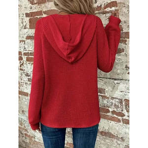 Blusa tipo waffle con capucha, manga larga, botones y cordones para mujer, 30030 - Rojo - Product Image 3