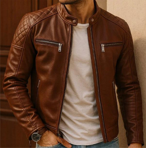 ออกแบบแจ็คเก็ตบอมเบอร์หนังแฟชั่นของคุณเอง คุณภาพสูง คอตั้ง โลโก้ด้านหน้า ผ้าแคนวาส แขนยาว สำหรับผู้ชาย - Product Image 1