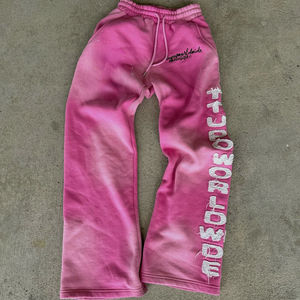 OEM personalizado de los hombres Streetwear Heavyweight Jogger pantalones desgastados bordado Vintage piedra ácido lavado 100% algodón pantalones de chándal acampanados - Product Image 2