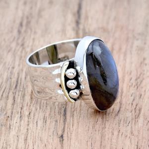 Natural <b>Labradorite</b> Wide Band Hammered Ring 925 Sterling Silver Handmade Bohemian Statement <b>Jewelry</b> Unique Wedding - Product Image 4