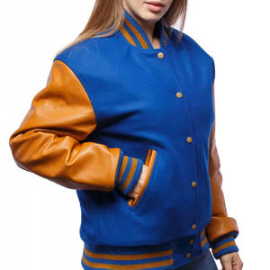 Chaqueta universitaria de béisbol lisa para mujer, personalizable, con mangas de cuero, precio al por mayor - Product Image 5