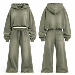 Ensemble de survêtement streetwear pour femme en coton épais, comprenant un sweat à capuche court délavé à l'acide et un pantalon de survêtement large, séchage rapide - Product Image 4