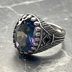 Anillo Otomano de Plata de Ley 925 para Hombre, Hecho a Mano, con Piedra Ovalada de Tanzanita Multicolor, Forma Marquesa, Joyería Turca, Regalo para Él - Product Image 3