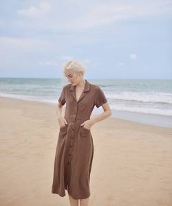 Vestido informal de algodón con botones, manga corta, mezcla de lino ecológica, lavable, cintura natural, grapa de armario atemporal - Product Image 5