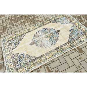 Alfombra Vintage, Alfombra Decorativa de 3.4x6.4 pies, Alfombra de Lana Azul y Amarilla - Product Image 2