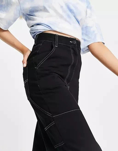 Pantalon cargo en denim noir taille haute pour hommes, coupe ample, couleur unie, style décontracté, tissu en coton mi-lourd, vêtements d'automne - Product Image 5