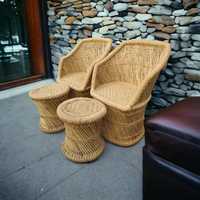 Ensemble de 2 chaises modulaires en rotin et bambou faites à la main de qualité supérieure avec 2 tabourets ottomanes pour salle à manger, villas, appartements, ateliers