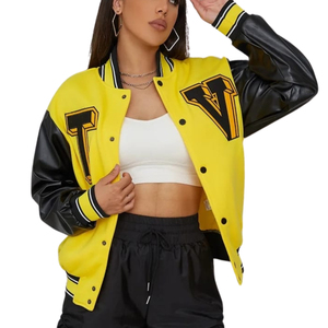 Chaqueta universitaria OEM para mujer para otoño Color amarillo personalizado moda béisbol abrigo suelto Casual Letterman chaqueta para mujer - Product Image 2