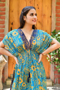 Vestido Largo Floral de Verano Kasturi, Ligero, Estampado de Seda, Manga Corta, Diseño de Alta Costura, para Fiesta, Holgado, Natural - Product Image 2