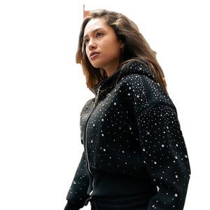 Sudaderas cortas con cremallera y diamantes de imitación, ropa de calle transpirable y cómoda, sudaderas con capucha personalizadas con diamantes de imitación, OEM disponible - Product Image 2