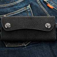 Dompet Kulit Asli Lipat Tiga Model Biker Kulit Sapi Premium Logo Kustom Embos Karakter Rantai Pendek Tahan Air