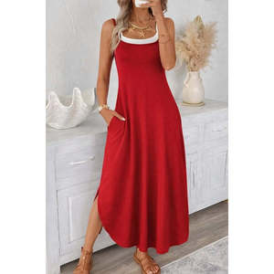Women's Strappy Round Neck Long Viscose <b>Dress</b> with <b>Pockets</b>, 35967 - Red - Product Image 2