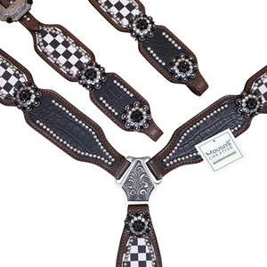 Ensemble de têtière Western Horse Headstall et collier de poitrine en cuir à carreaux noirs et blancs Plusieurs modèles personnalisés disponibles - Product Image 2