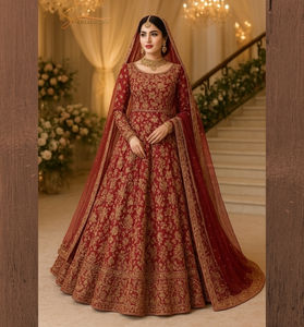 Robe de mariée de luxe Lehenga brodée à la main rouge et or Robes Salwar Kameez pakistanaises - Product Image 2