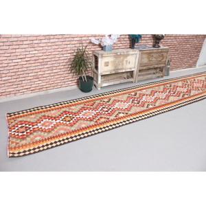 Vintage Turkish Kilim <b>Runner</b> Rug 2.9x15.3 ft, <b>Red</b> Check Rug Wool - Product Image 4