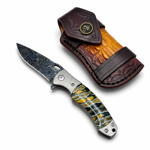 Couteau de poche pliant <span class=keywords><strong>en</strong></span> acier Damas mosaïque, manche <span class=keywords><strong>en</strong></span> dent de mamouth, ouverture par flipper, trou pour le pouce, haut de gamme, acier 15N20, couteau de chasse EDC - Product Image 1