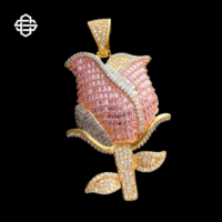 Pendentif Fleur Rose Moissanite Hiphop Personnalisé pour Femme et Homme, Plaqué Or 18 carats, Argent 925, Bijou Statement Rose Bling