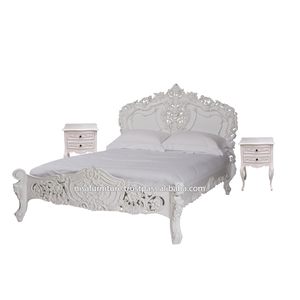 Camas rococó estilo francés madera maciza de caoba artística tallada muebles de dormitorio diseño europeo antiguo marco de cama tamaño King blanco - Product Image 4