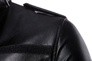 Printemps et automne Nouveau manteau long en cuir pour hommes Col noir Veste en cuir de moto à fermeture éclair à quatre poches Veste longue pour hommes. - Product Image 6