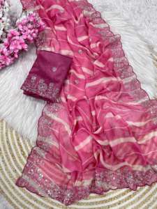 Sari Rosa de Organza de Alta Demanda, Impresionante y Elegante, Estilo Étnico, Último Modelo en Exportación, Blusa Exclusiva para Bodas y Fiestas - Product Image 4