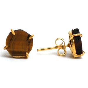 8-10mm Raw Tiger Eye Stone Gold Plated Prong Set <b>Stud</b> Earrings Handmade Birthstone Dainty Minimalist Jewelry for Women - Product Image 6