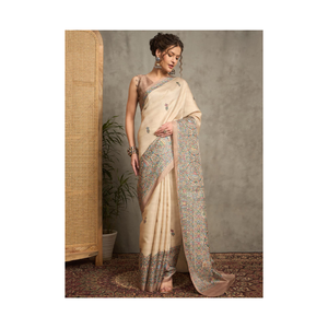 Saree élégant en soie Tussar beige avec Zari Pallu classique, parfait pour les fêtes - Product Image 3