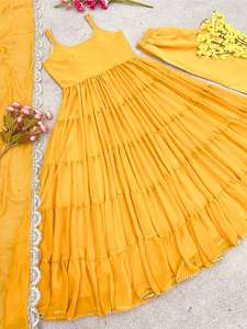 Nueva ropa de fiesta Faux Georgette vestido con totalmente 10 metros Ruffle Flair Anarkali con Dupatta Set para mujer vestido de Bollywood - Product Image 6