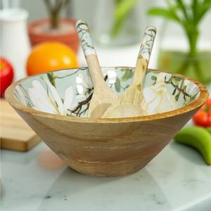 Bol à salade et à soupe rond en bois d'acacia multifonctionnel Art Déco, motif floral, fabriqué à la main pour les mariages, les hôtels, les restaurants, la cuisine - Product Image 3