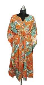 Caftan de femmes en coton indien fait à la main confortable Style Hippie Maxi Kimono Robe manches courtes imprimé Paisley vêtements d'été plume - Product Image 4