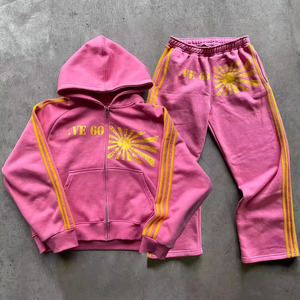 Chándal de rayas con logotipo de serigrafía personalizado, Sudadera con capucha y cremallera lavada con ácido Vintage y pantalón deportivo, chándal de secado rápido para hombre - Product Image 2