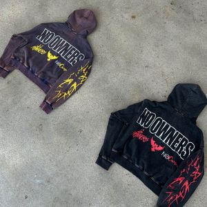 Sudadera con capucha negra y cremallera de gran tamaño para hombre, estilo vintage de algodón lavado ácido con diseño de serigrafía y corte y costura - Product Image 5