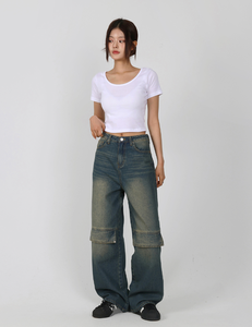 Pantalones Vaqueros Anchos de Pierna Ancha para Mujer HOOR, con Parche en la Rodilla y Tirantes en la Espalda, Elegantes, Casuales, Modernos, para Uso Diario, 2 Colores - Product Image 4