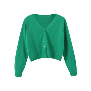 Cárdigan con cuello de pico de algodón 100% de alta calidad con diseño personalizable, Top corto de otoño suave y acogedor con mangas largas con botones para mujer - Product Image 4