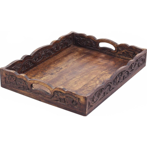 ถาดเสิร์ฟไม้แกะสลักด้วยมือ ถาดอาหารเช้าตกแต่งพร้อมหูจับ ลายดอกไม้ ทำจากไม้มะม่วงธรรมชาติ - Product Image 1