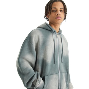 Sweat à capuche zippé intégral de haute qualité avec cordon de serrage personnalisé, effet délavé, style streetwear, coupe régulière, grandes tailles, coupe ample pour hommes - Product Image 2