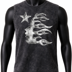 Camiseta sin mangas para hombre con lavado ácido, gráfico de llamas metálicas, estilo streetwear, vintage, lavada, oversize, tipo muscle, chaleco de algodón personalizado - Product Image 1