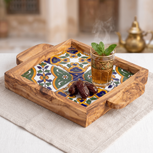 Unique Custom Square Serving <b>Tray</b> - Olivewood & Ceramic Ottoman <b>Tray</b> for Trendy Coffee Table Styling - Product Image 2