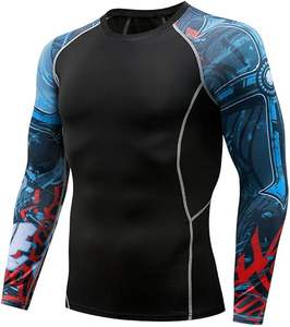 เสื้อรัดรูปแขนยาวสำหรับผู้ชายเสื้อแรชการ์ดกราฟิกสีแดงสีน้ำเงินสำหรับโรงยิมฟิตเนสและการฝึก - Product Image 1