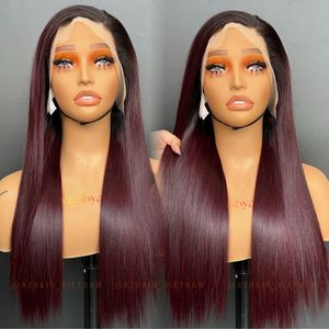 Dark Burgundy Wig Bone Straight High Quality Remy Vietnamese <b>Hair</b> Machine Double Weft Extensions Transparent for Lace All - Product Image 6