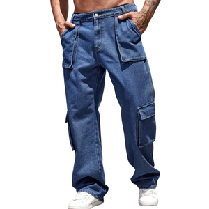 Pantalones Cargo de Mezclilla Azul para Hombre, Corte Recto de Pierna Ancha, Multibolsillos, Algodón, Estilo Casual, Ropa de Trabajo, Estilo Relajado - Product Image 1