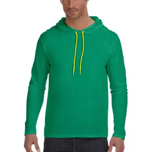 Mens Long Sleeve Hooded T-Shirt Hoodie jersey Heather Green Neon Yellow Drawstrings cotton sweatshirts