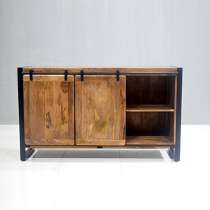 Aparador con cajones de madera de mango más vendido, acabado natural y soporte de TV negro, aparador para sala de estar, Estilo Vintage - Product Image 3