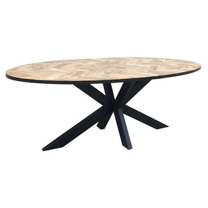 Mesa de Comedor Ovalada de Madera Maciza con Diseño de Espina de Pescado, Hecha a Mano, Estilo Industrial Moderno, para Interiores y Exteriores - Product Image 4